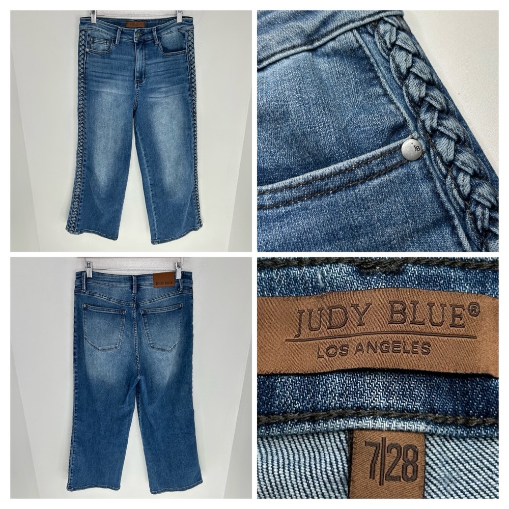 Judy Blue Wide Leg Crop Jeans Women’s 7/28 Medium Wash Braided Side 30x23.5